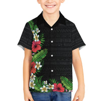 Hawaii Tropical Flowers and Leaves Family Matching Off The Shoulder Long Sleeve Dress and Hawaiian Shirt Tapa Pattern Colorful Mode