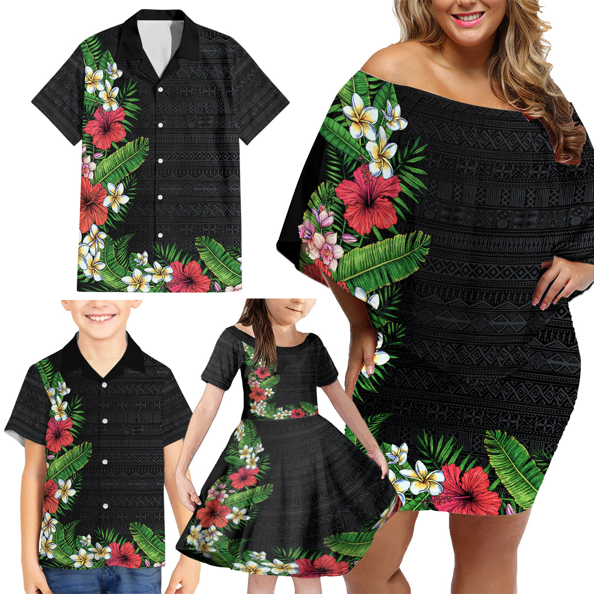 Hawaii Tropical Flowers and Leaves Family Matching Off Shoulder Short Dress and Hawaiian Shirt Tapa Pattern Colorful Mode LT03 - Polynesian Pride
