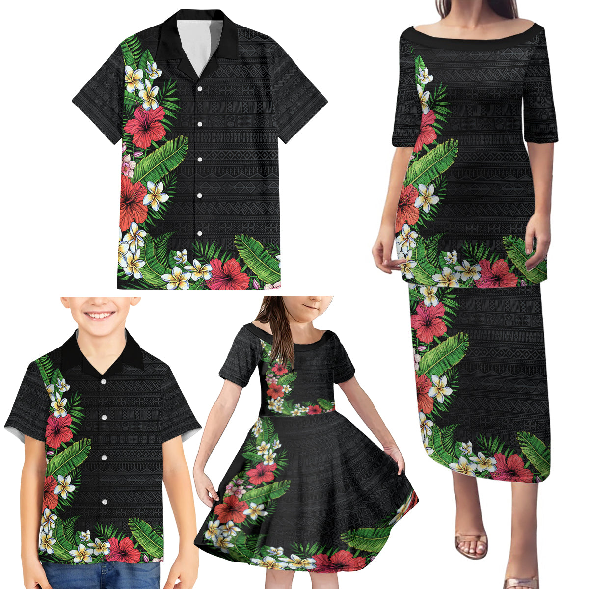 Hawaii Tropical Flowers and Leaves Family Matching Puletasi and Hawaiian Shirt Tapa Pattern Colorful Mode LT03 - Polynesian Pride