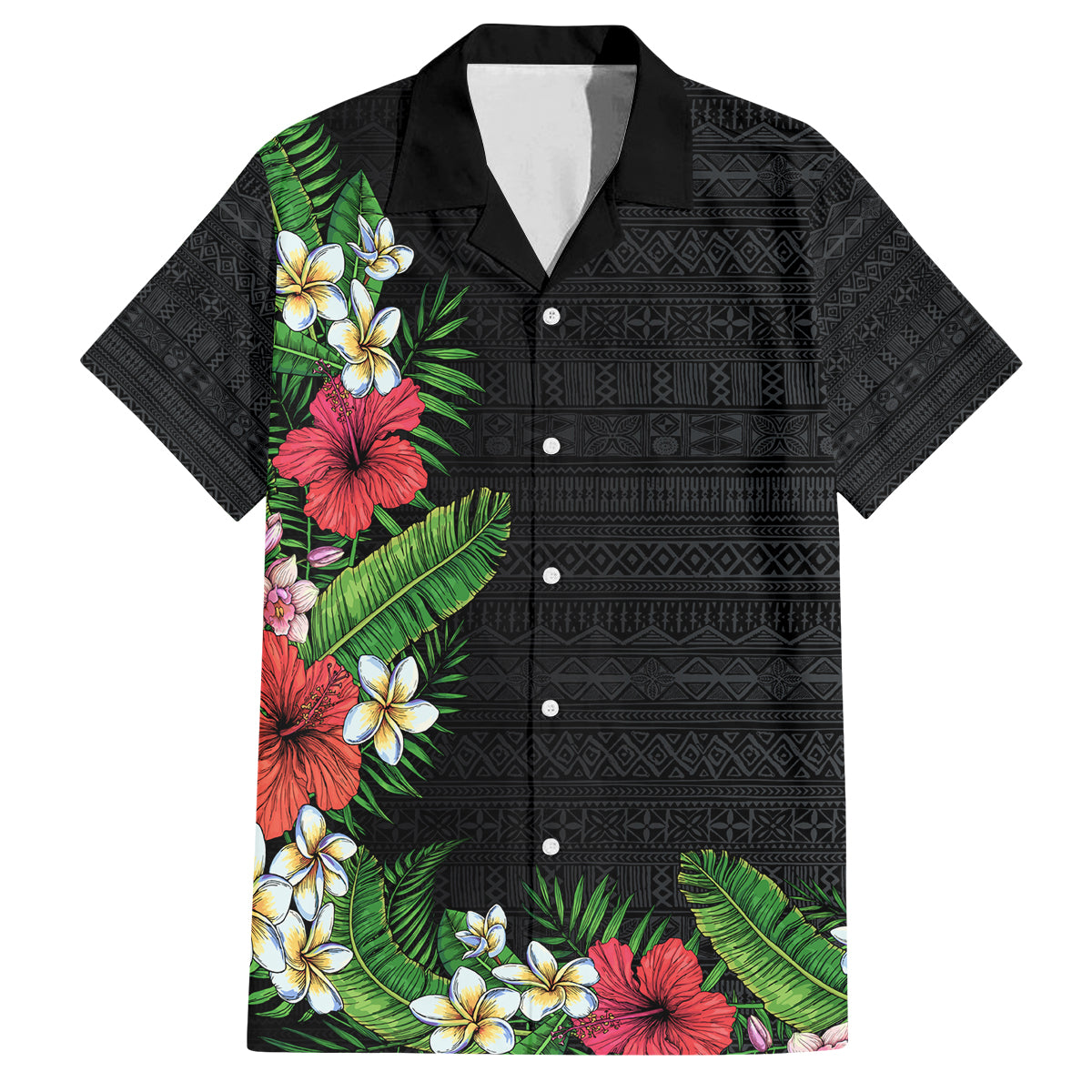 Hawaii Tropical Flowers and Leaves Family Matching Puletasi and Hawaiian Shirt Tapa Pattern Colorful Mode LT03 Dad's Shirt - Short Sleeve Black - Polynesian Pride