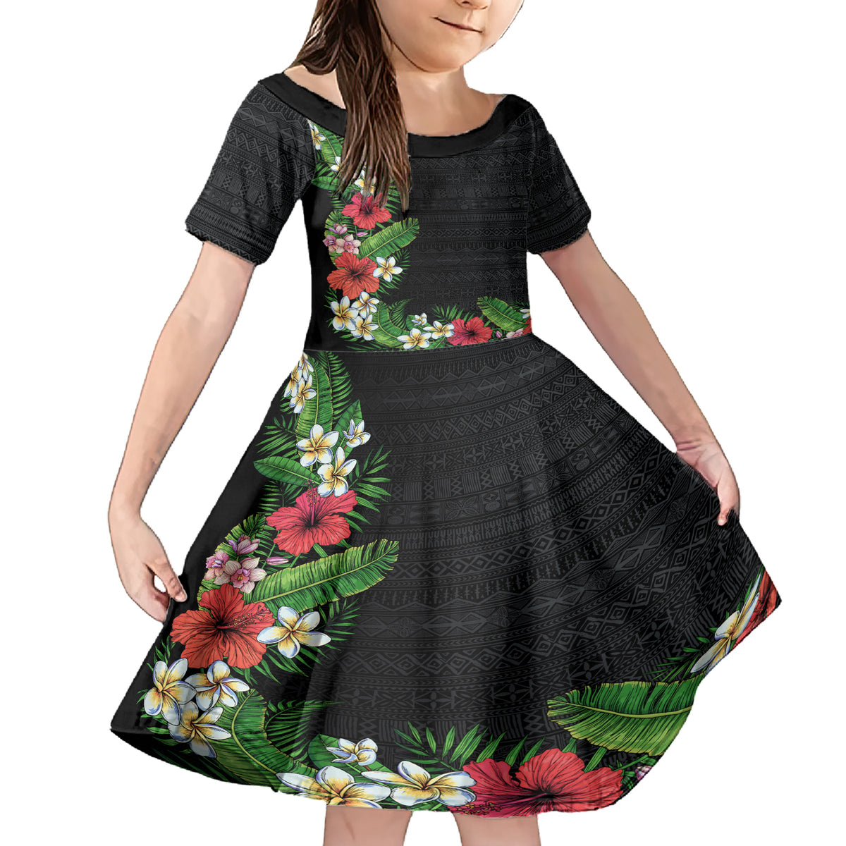 Hawaii Tropical Flowers and Leaves Family Matching Short Sleeve Bodycon Dress and Hawaiian Shirt Tapa Pattern Colorful Mode LT03 Daughter's Dress Black - Polynesian Pride