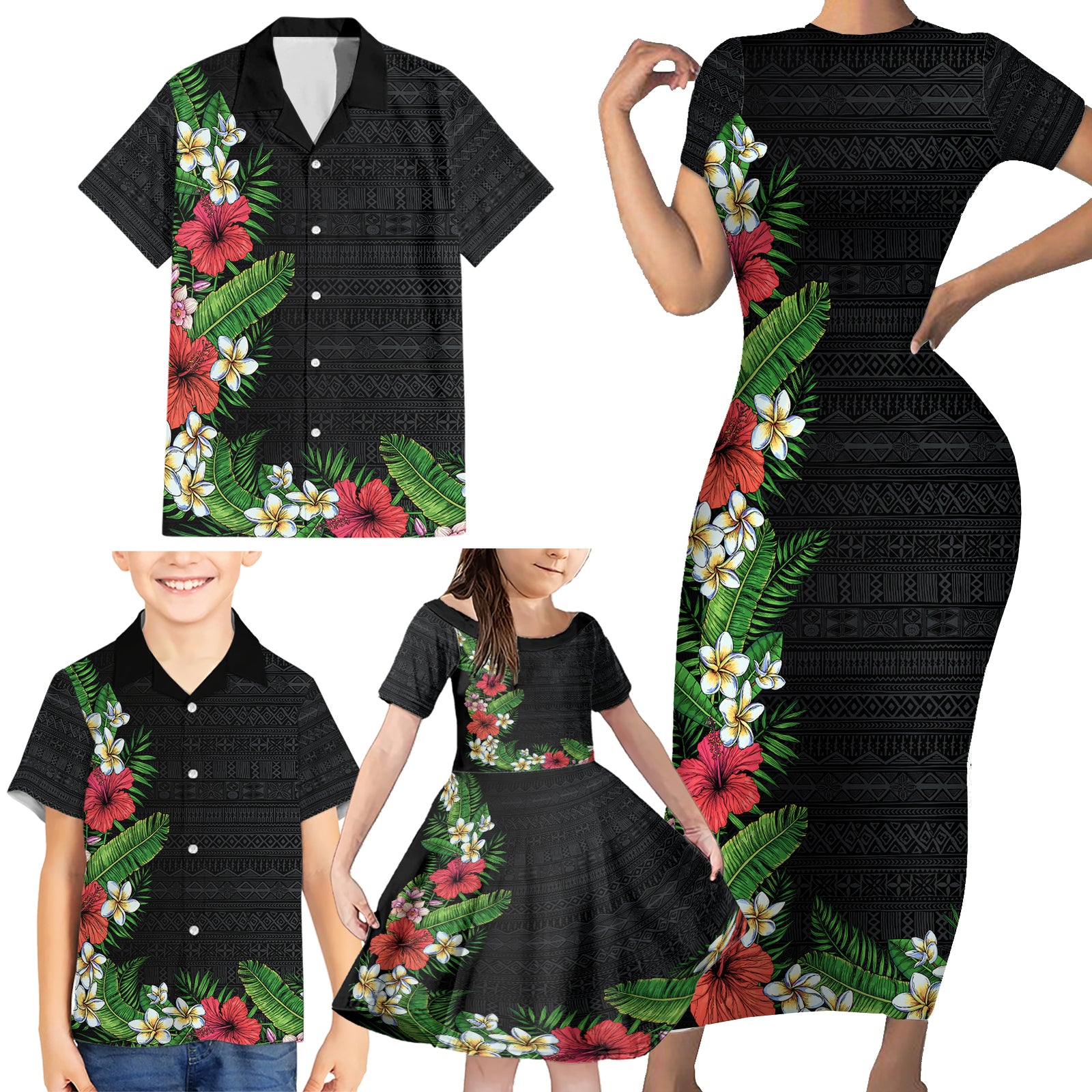 Hawaii Tropical Flowers and Leaves Family Matching Short Sleeve Bodycon Dress and Hawaiian Shirt Tapa Pattern Colorful Mode LT03 - Polynesian Pride
