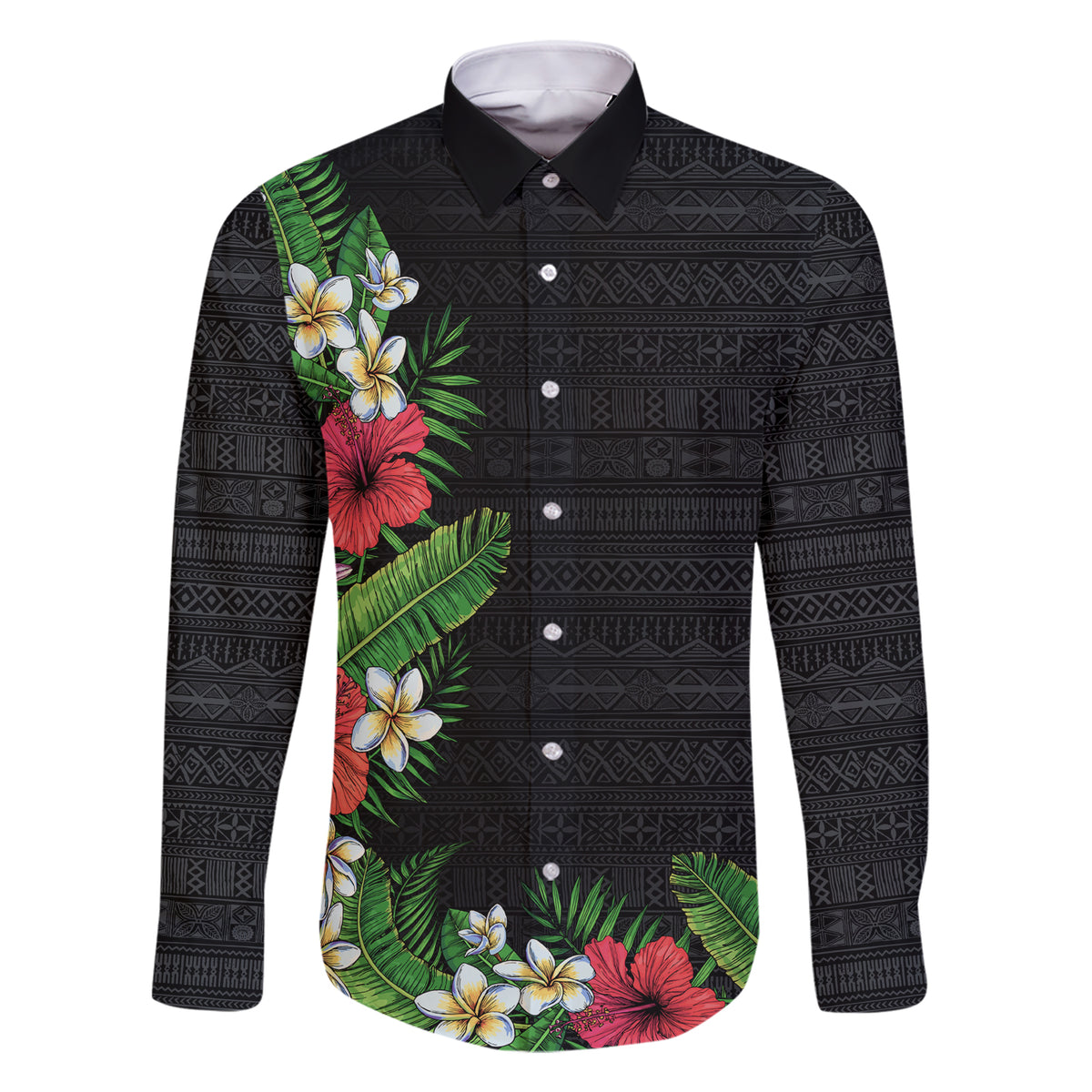 Hawaii Tropical Flowers and Leaves Family Matching Short Sleeve Bodycon Dress and Hawaiian Shirt Tapa Pattern Colorful Mode LT03 Dad's Shirt - Long Sleeve Black - Polynesian Pride