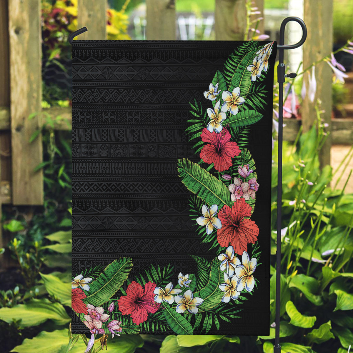 Hawaii Tropical Flowers and Leaves Garden Flag Tapa Pattern Colorful Mode LT03 Garden Flag Black - Polynesian Pride