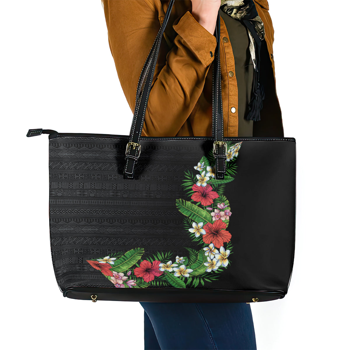 Hawaii Tropical Flowers and Leaves Leather Tote Bag Tapa Pattern Colorful Mode LT03 - Polynesian Pride