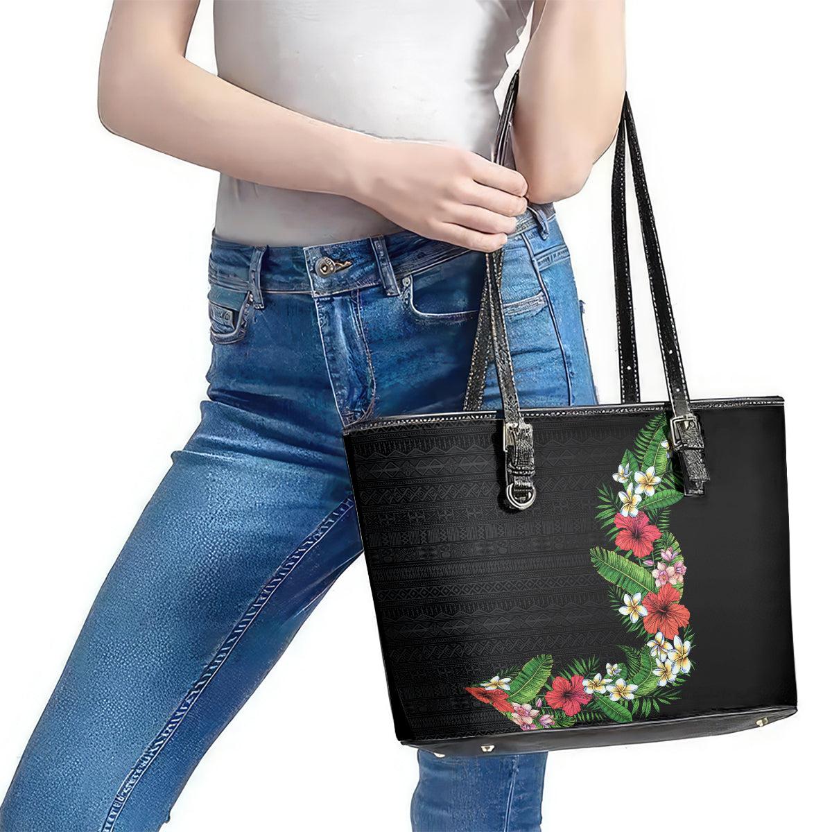 Hawaii Tropical Flowers and Leaves Leather Tote Bag Tapa Pattern Colorful Mode LT03 - Polynesian Pride