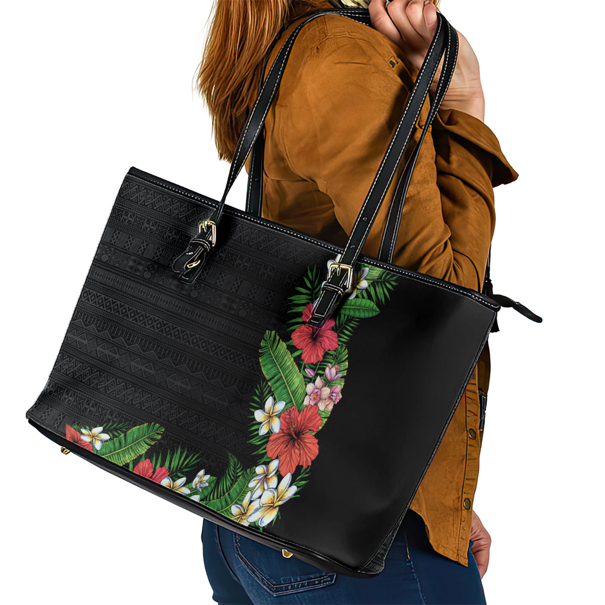 Hawaii Tropical Flowers and Leaves Leather Tote Bag Tapa Pattern Colorful Mode LT03 - Polynesian Pride