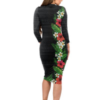 Hawaii Tropical Flowers and Leaves Long Sleeve Bodycon Dress Tapa Pattern Colorful Mode