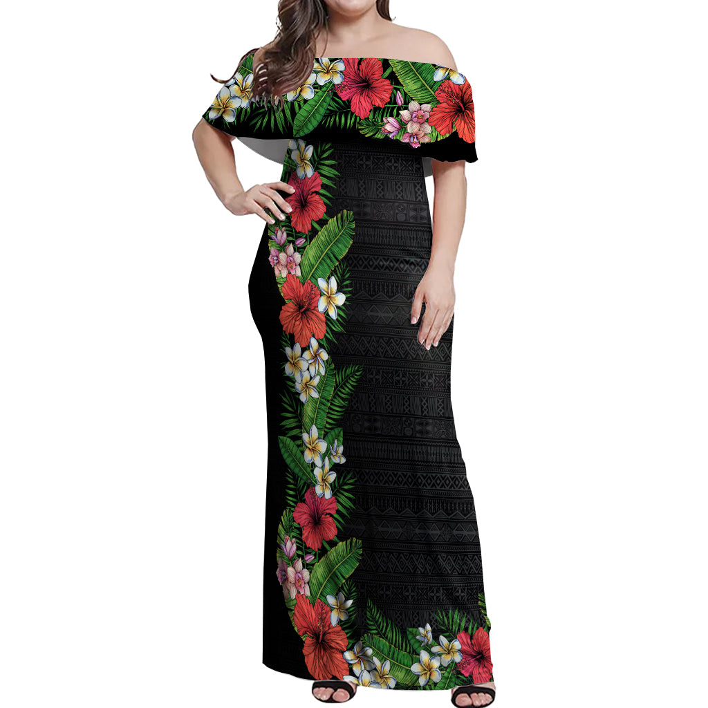 Hawaii Tropical Flowers and Leaves Off Shoulder Maxi Dress Tapa Pattern Colorful Mode LT03 Women Black - Polynesian Pride