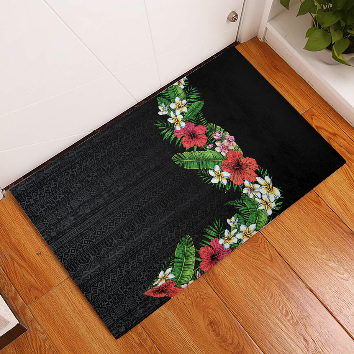 Hawaii Tropical Flowers and Leaves Rubber Doormat Tapa Pattern Colorful Mode LT03 Black - Polynesian Pride