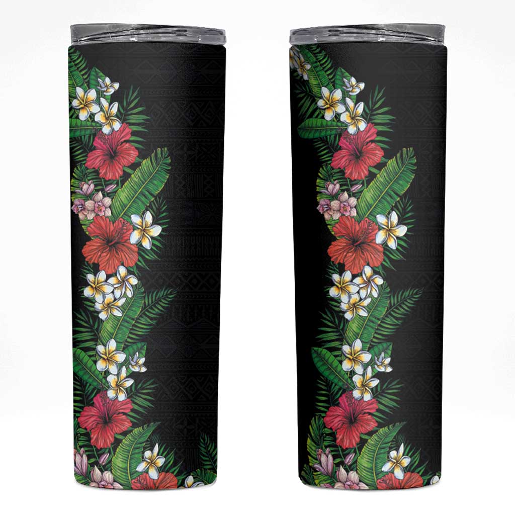Hawaii Tropical Flowers and Leaves Skinny Tumbler Tapa Pattern Colorful Mode