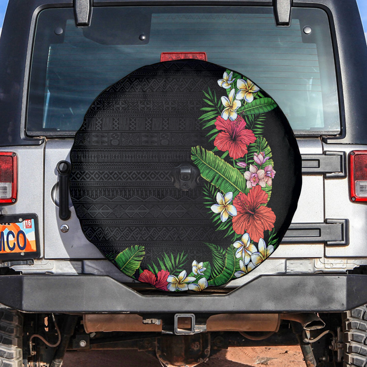 Hawaii Tropical Flowers and Leaves Spare Tire Cover Tapa Pattern Colorful Mode LT03 Black - Polynesian Pride