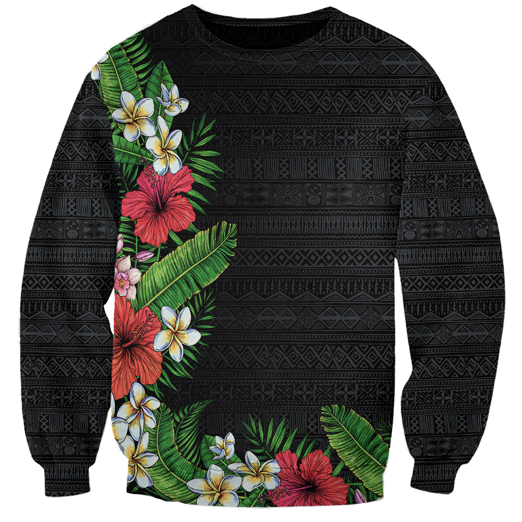 Hawaii Tropical Flowers and Leaves Sweatshirt Tapa Pattern Colorful Mode LT03 Unisex Black - Polynesian Pride