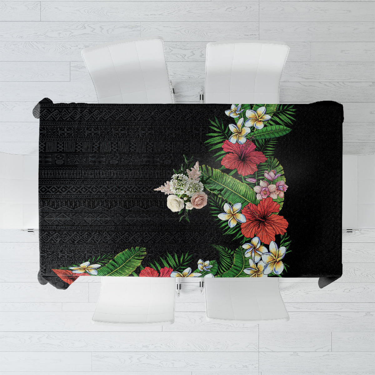 Hawaii Tropical Flowers and Leaves Tablecloth Tapa Pattern Colorful Mode LT03 Black - Polynesian Pride
