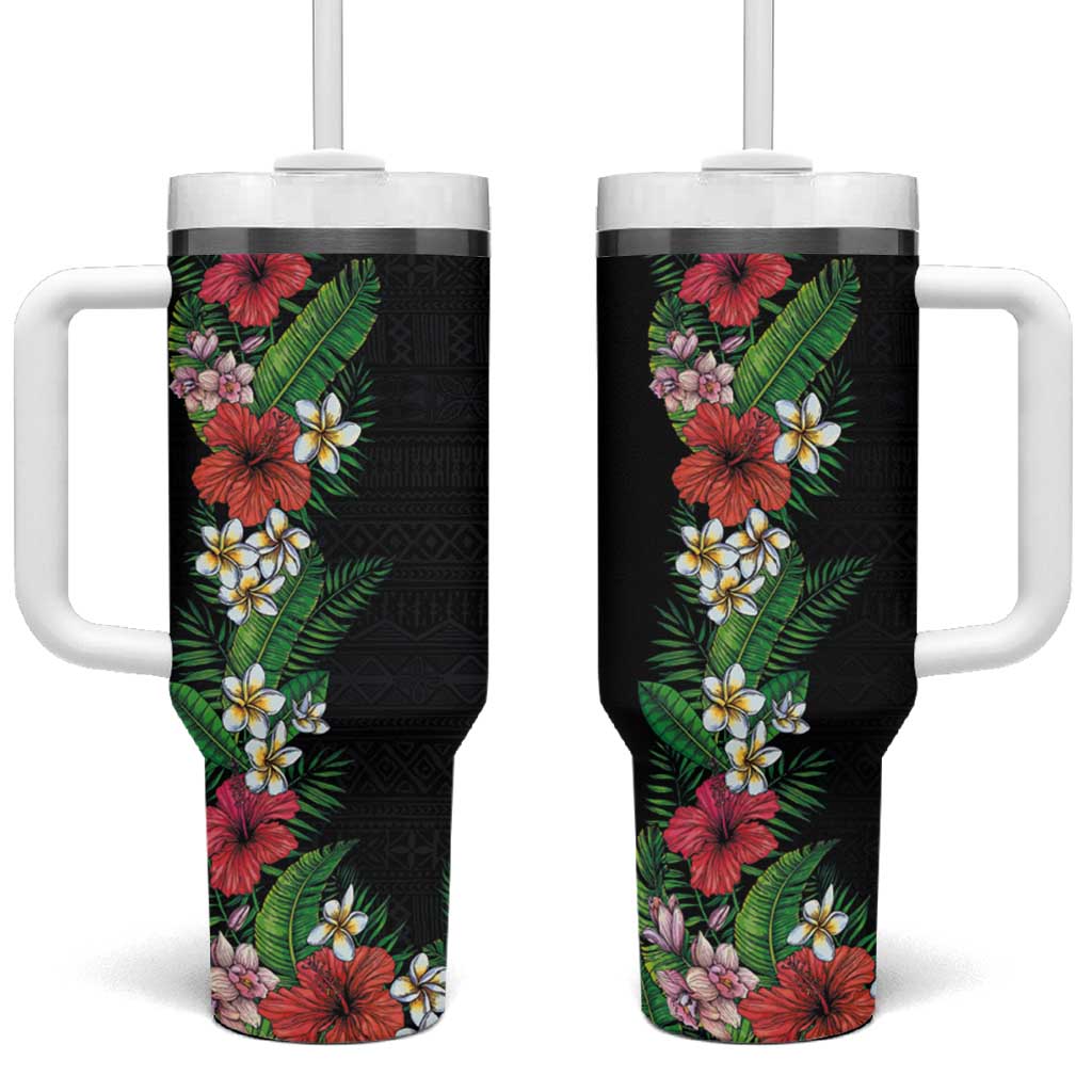 Hawaii Tropical Flowers and Leaves Tumbler With Handle Tapa Pattern Colorful Mode