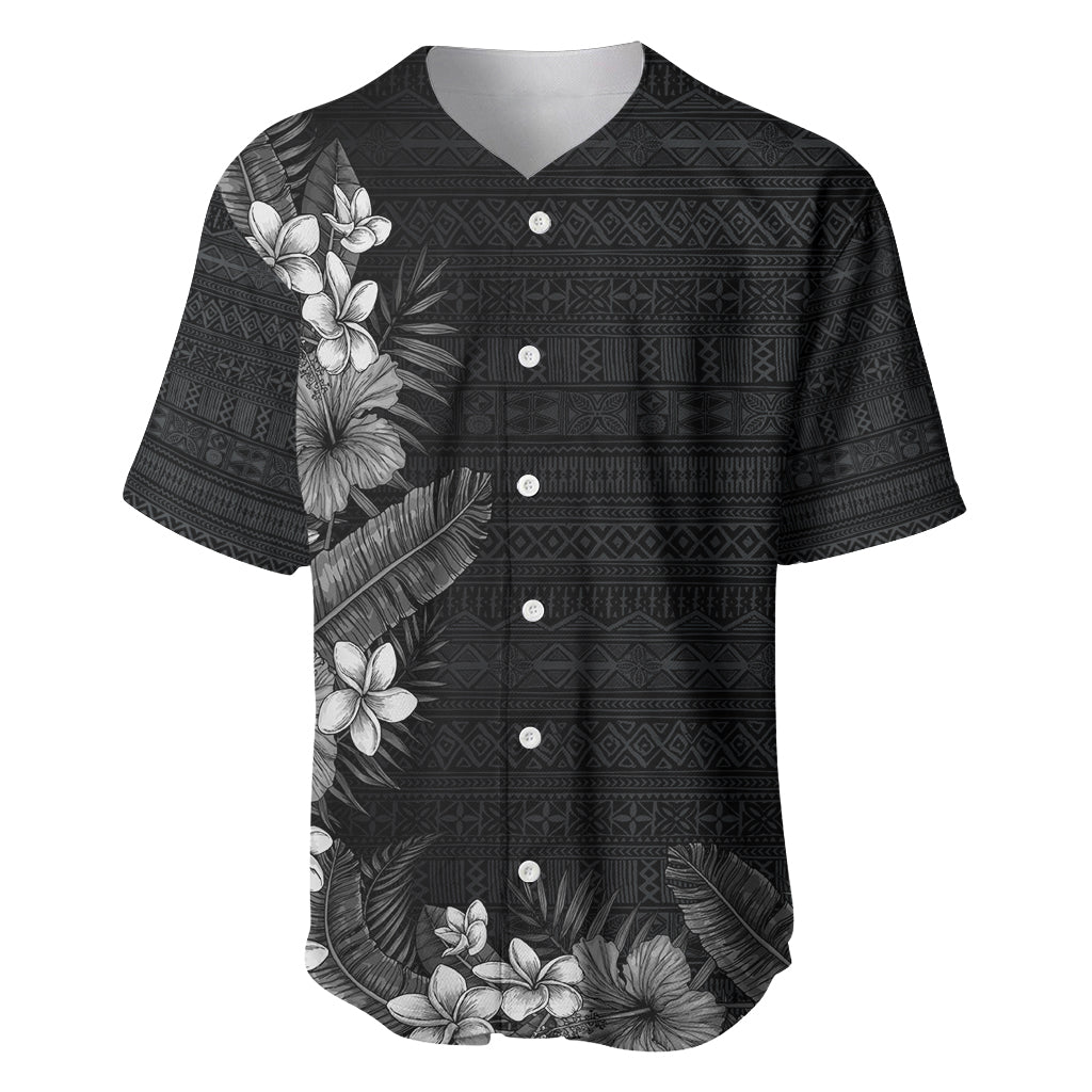 Hawaii Tropical Flowers and Leaves Baseball Jersey Tapa Pattern Grayscale Mode