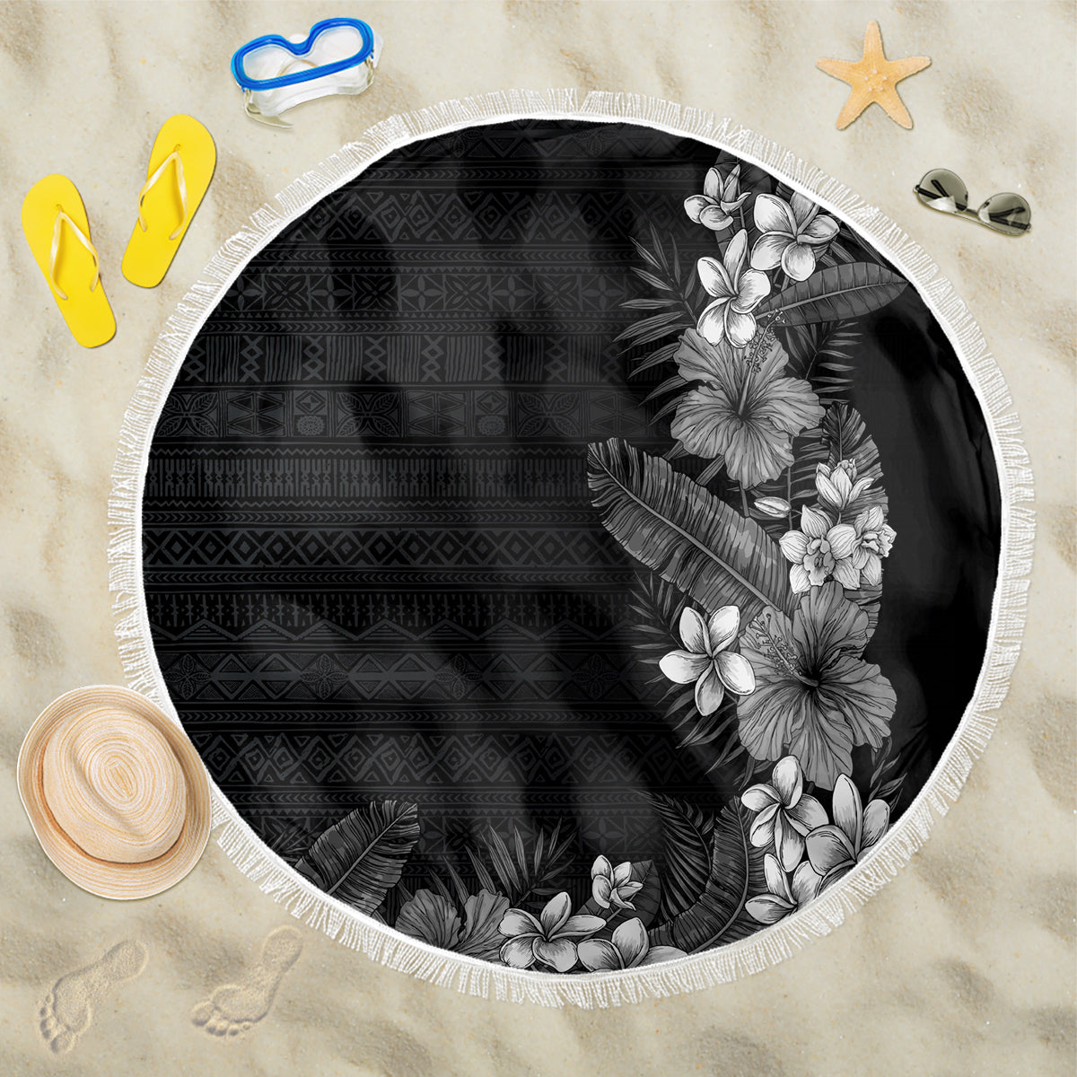 Hawaii Tropical Flowers and Leaves Beach Blanket Tapa Pattern Grayscale Mode