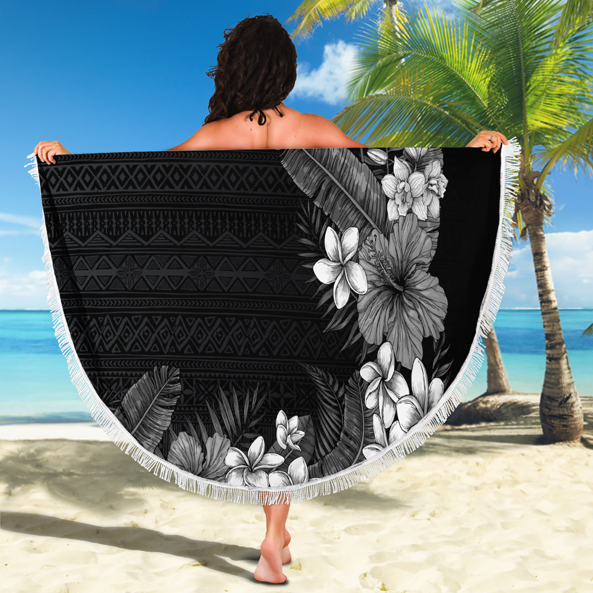 Hawaii Tropical Flowers and Leaves Beach Blanket Tapa Pattern Grayscale Mode LT03 - Polynesian Pride