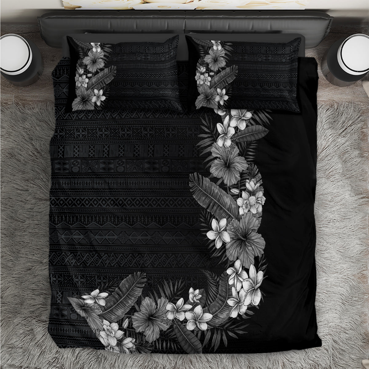 Hawaii Tropical Flowers and Leaves Bedding Set Tapa Pattern Grayscale Mode