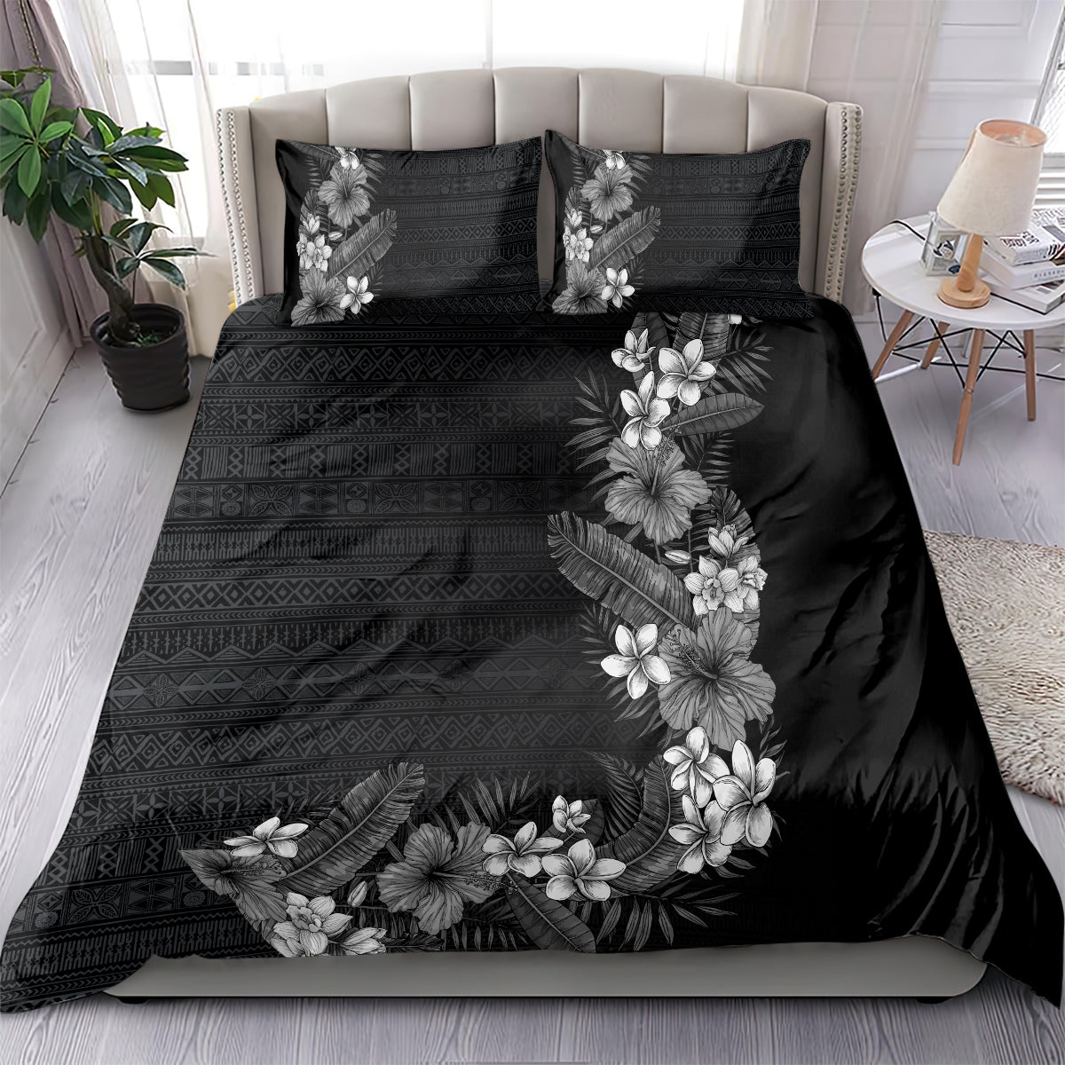 Hawaii Tropical Flowers and Leaves Bedding Set Tapa Pattern Grayscale Mode LT03 - Polynesian Pride