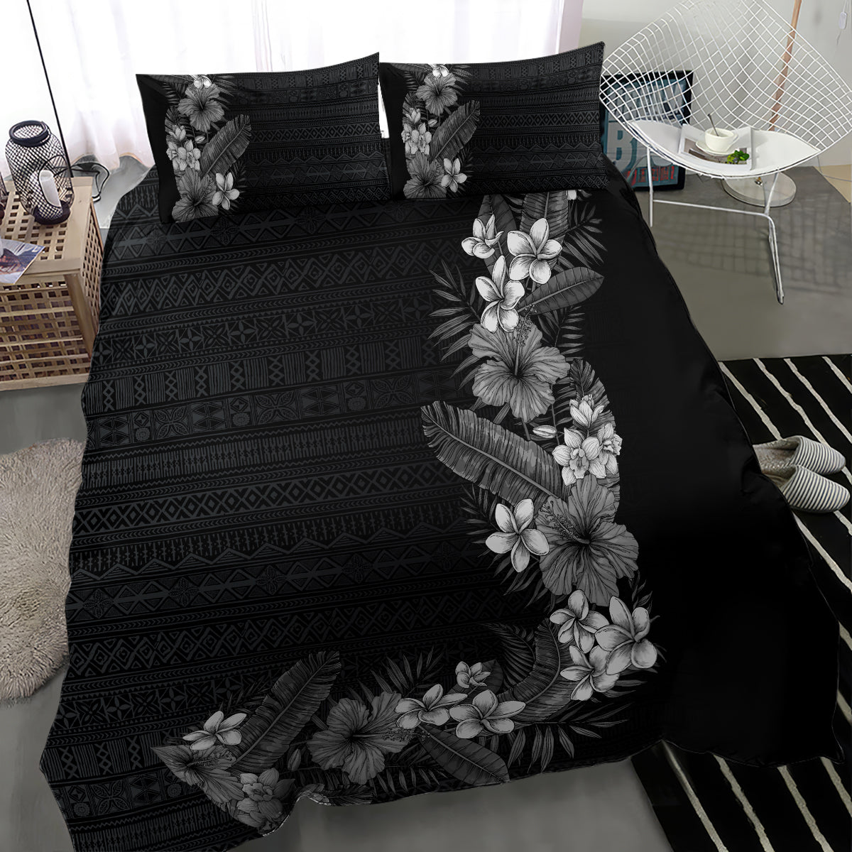 Hawaii Tropical Flowers and Leaves Bedding Set Tapa Pattern Grayscale Mode LT03 - Polynesian Pride