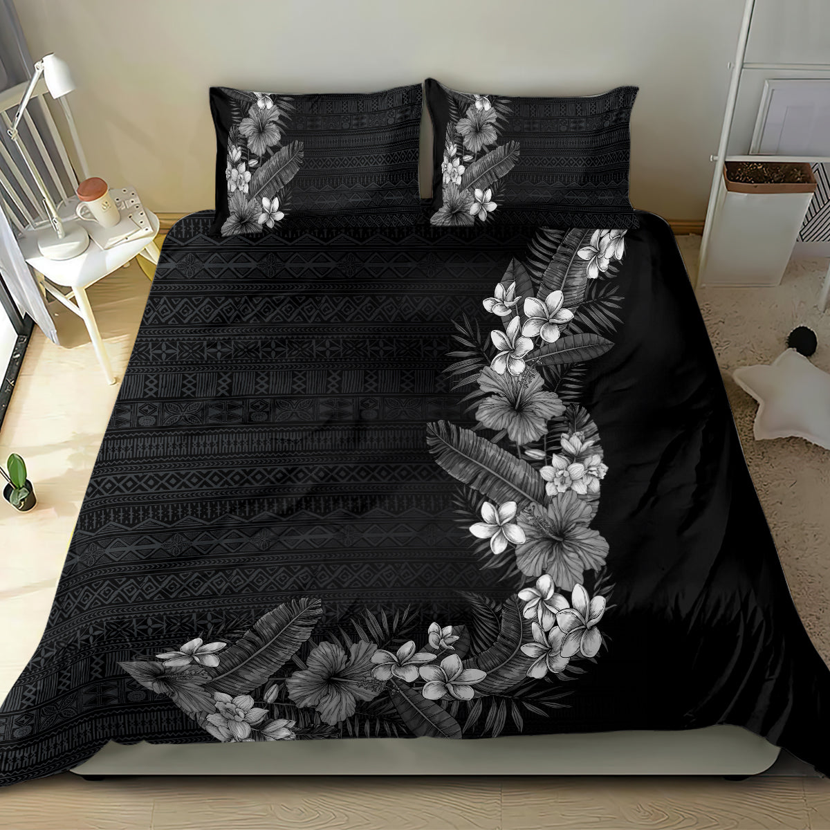 Hawaii Tropical Flowers and Leaves Bedding Set Tapa Pattern Grayscale Mode LT03 - Polynesian Pride