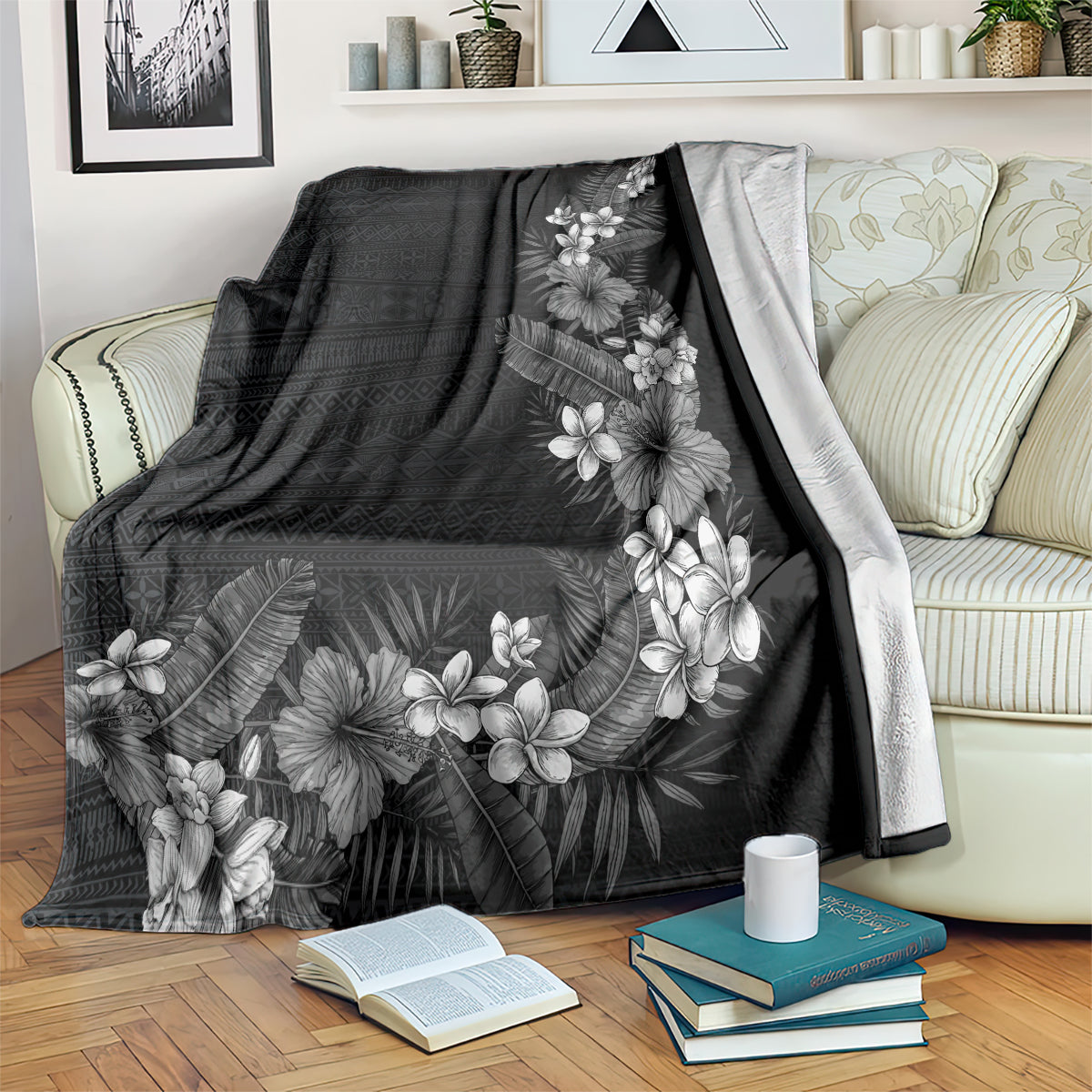 Hawaii Tropical Flowers and Leaves Blanket Tapa Pattern Grayscale Mode