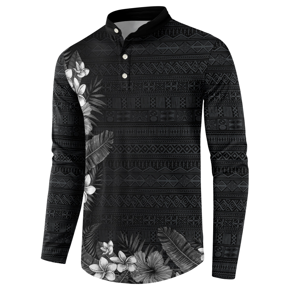 Hawaii Tropical Flowers and Leaves Button Sweatshirt Tapa Pattern Grayscale Mode LT03 - Polynesian Pride