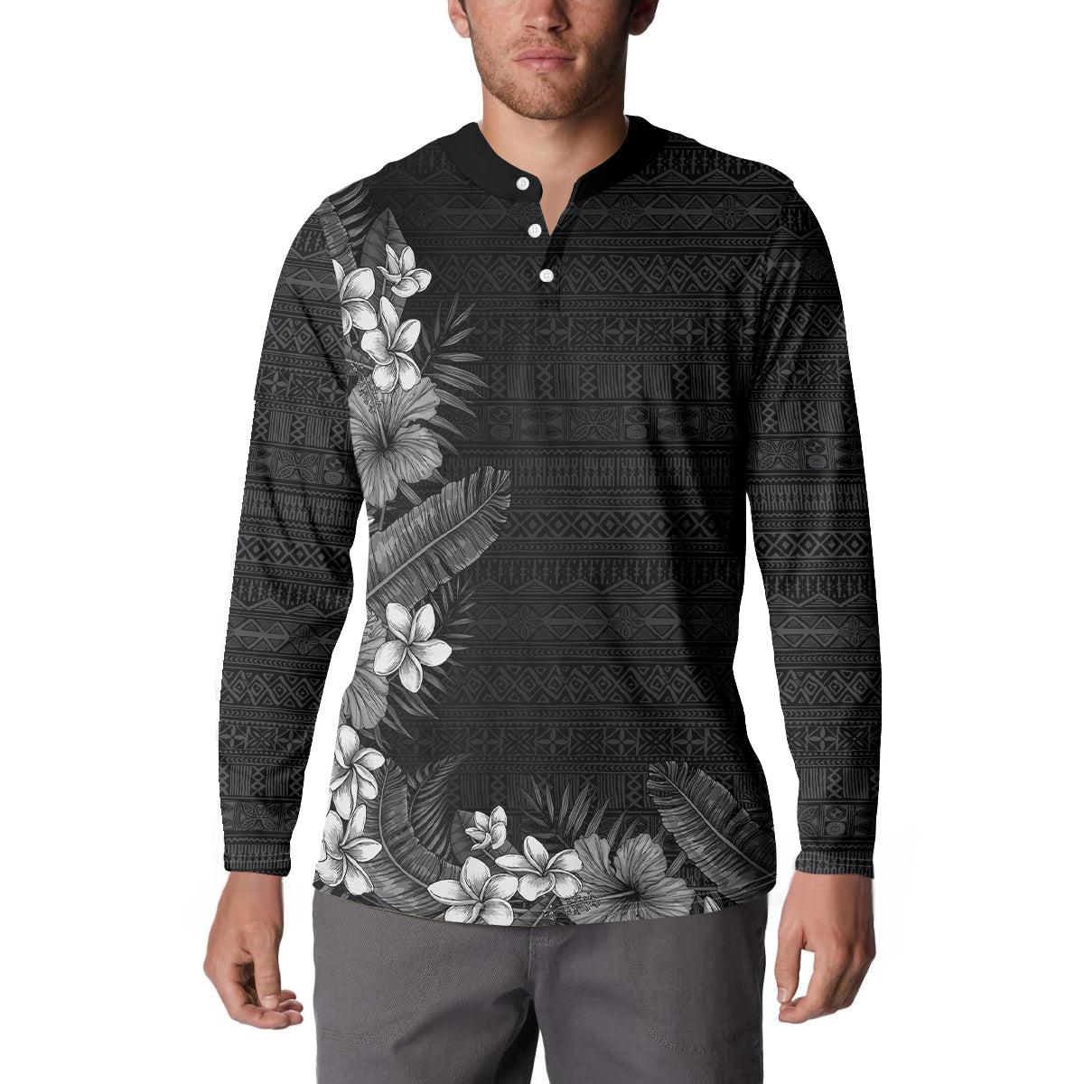 Hawaii Tropical Flowers and Leaves Button Sweatshirt Tapa Pattern Grayscale Mode LT03 - Polynesian Pride