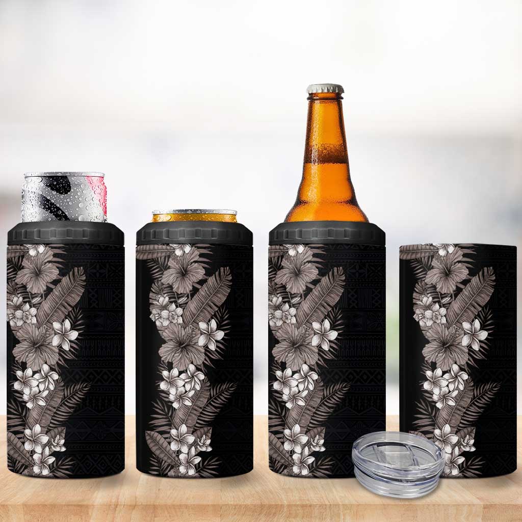 Hawaii Tropical Flowers and Leaves 4 in 1 Can Cooler Tumbler Tapa Pattern Grayscale Mode