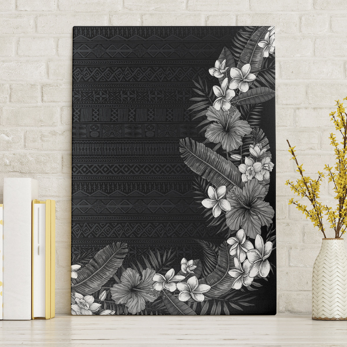 Hawaii Tropical Flowers and Leaves Canvas Wall Art Tapa Pattern Grayscale Mode LT03 Without Frame Grayscale - Polynesian Pride