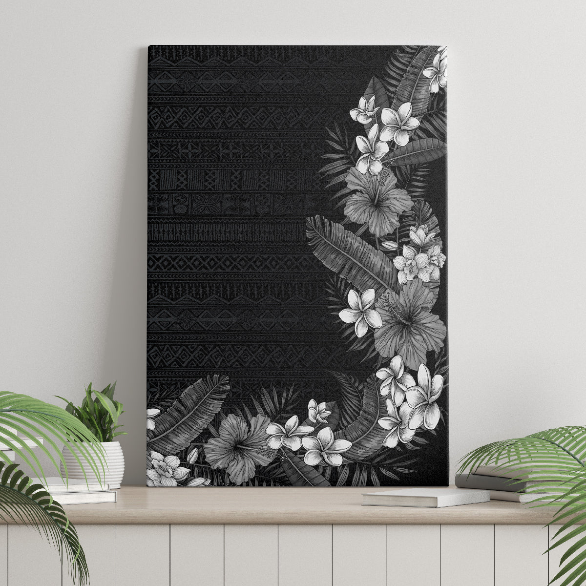 Hawaii Tropical Flowers and Leaves Canvas Wall Art Tapa Pattern Grayscale Mode LT03 - Polynesian Pride