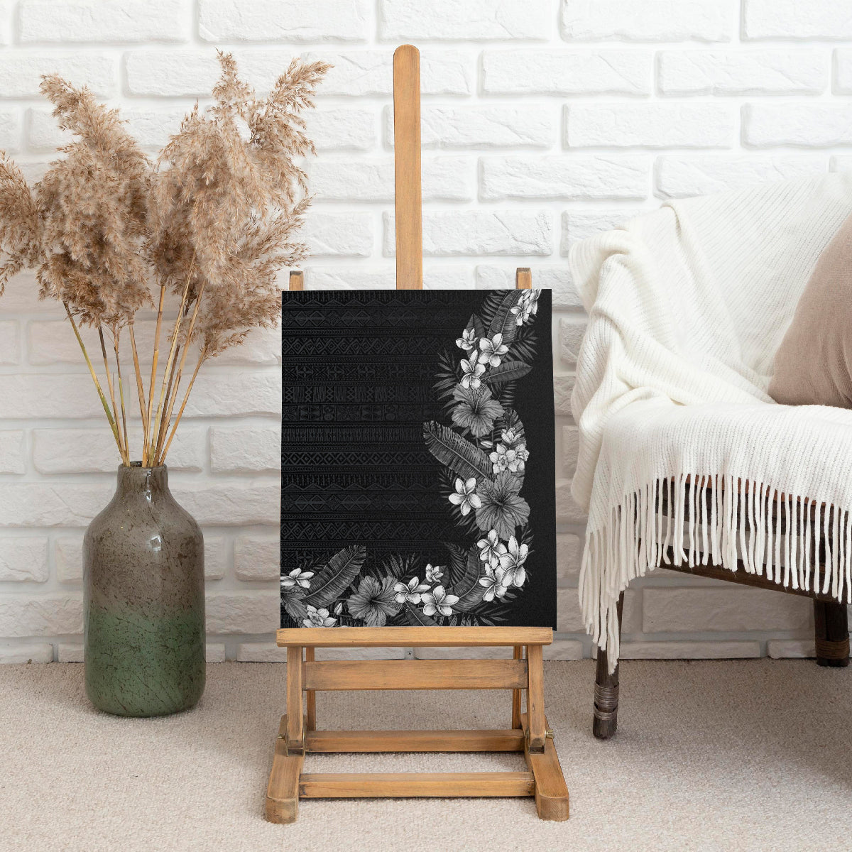 Hawaii Tropical Flowers and Leaves Canvas Wall Art Tapa Pattern Grayscale Mode LT03 - Polynesian Pride