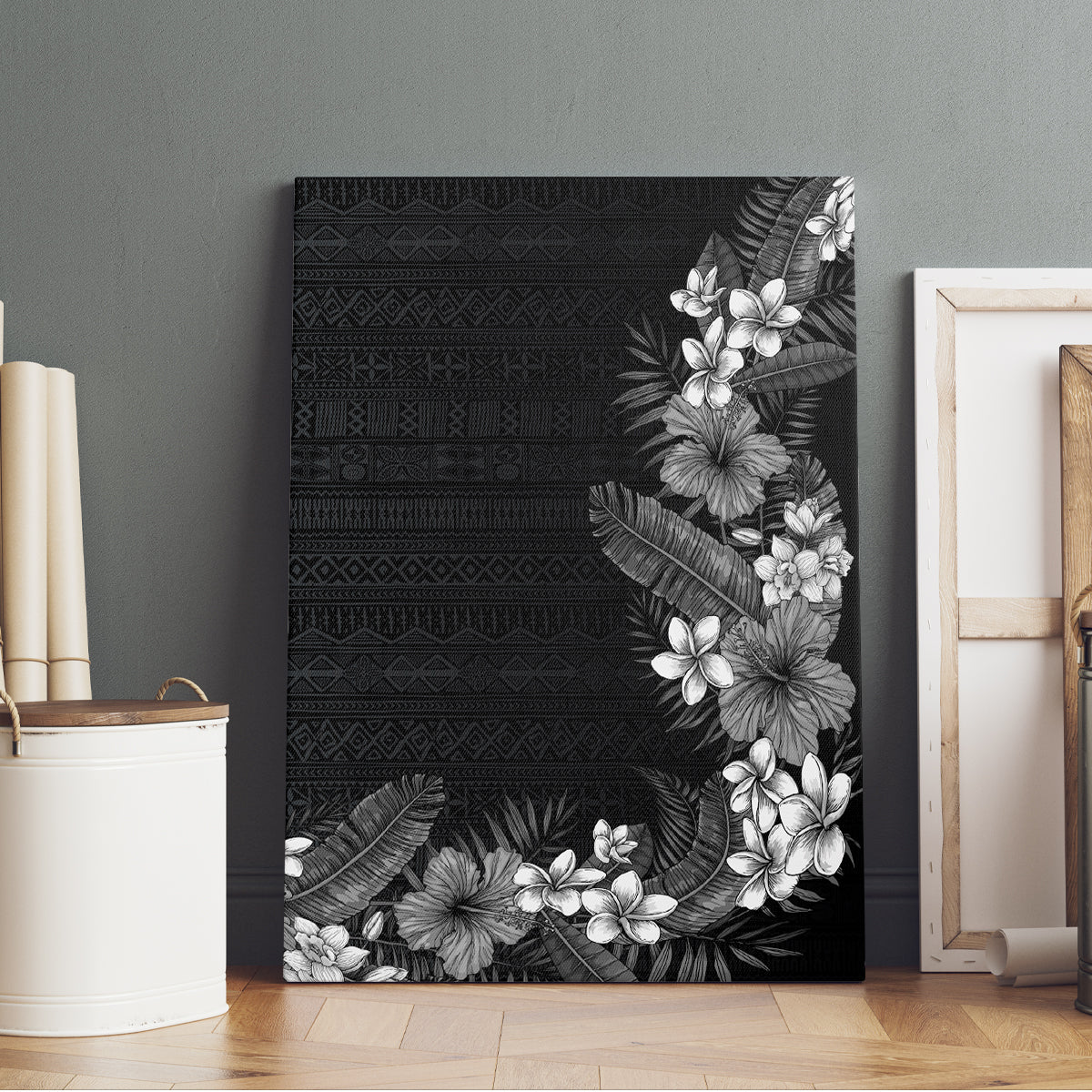 Hawaii Tropical Flowers and Leaves Canvas Wall Art Tapa Pattern Grayscale Mode LT03 - Polynesian Pride
