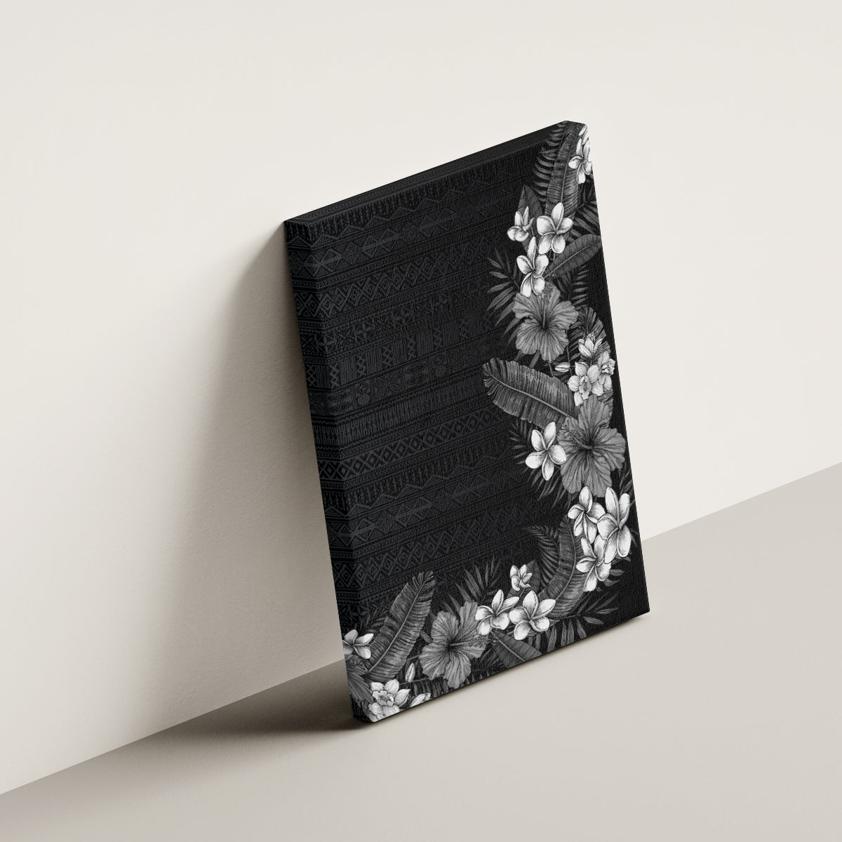 Hawaii Tropical Flowers and Leaves Canvas Wall Art Tapa Pattern Grayscale Mode LT03 - Polynesian Pride