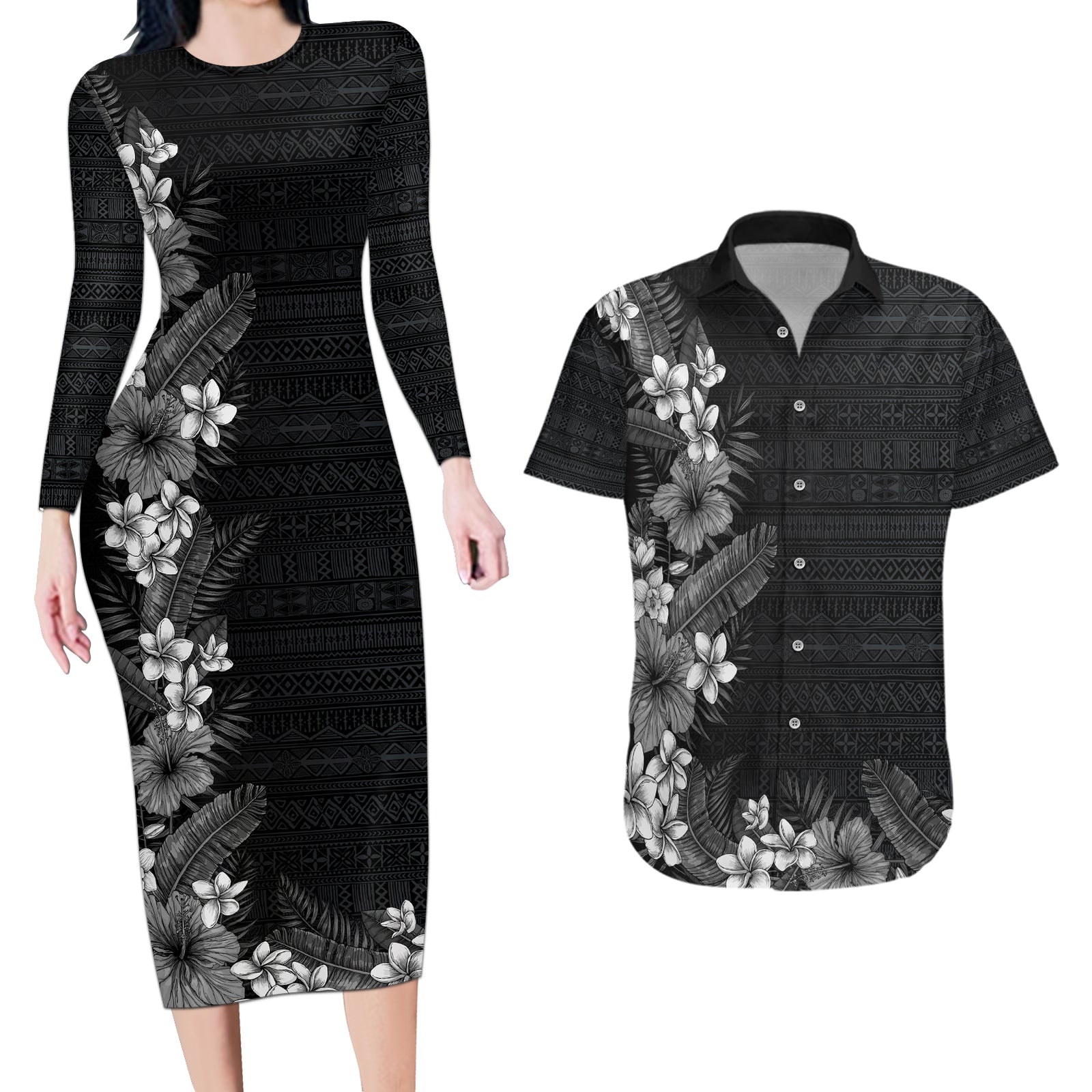 Hawaii Tropical Flowers and Leaves Couples Matching Long Sleeve Bodycon Dress and Hawaiian Shirt Tapa Pattern Grayscale Mode LT03 Grayscale - Polynesian Pride