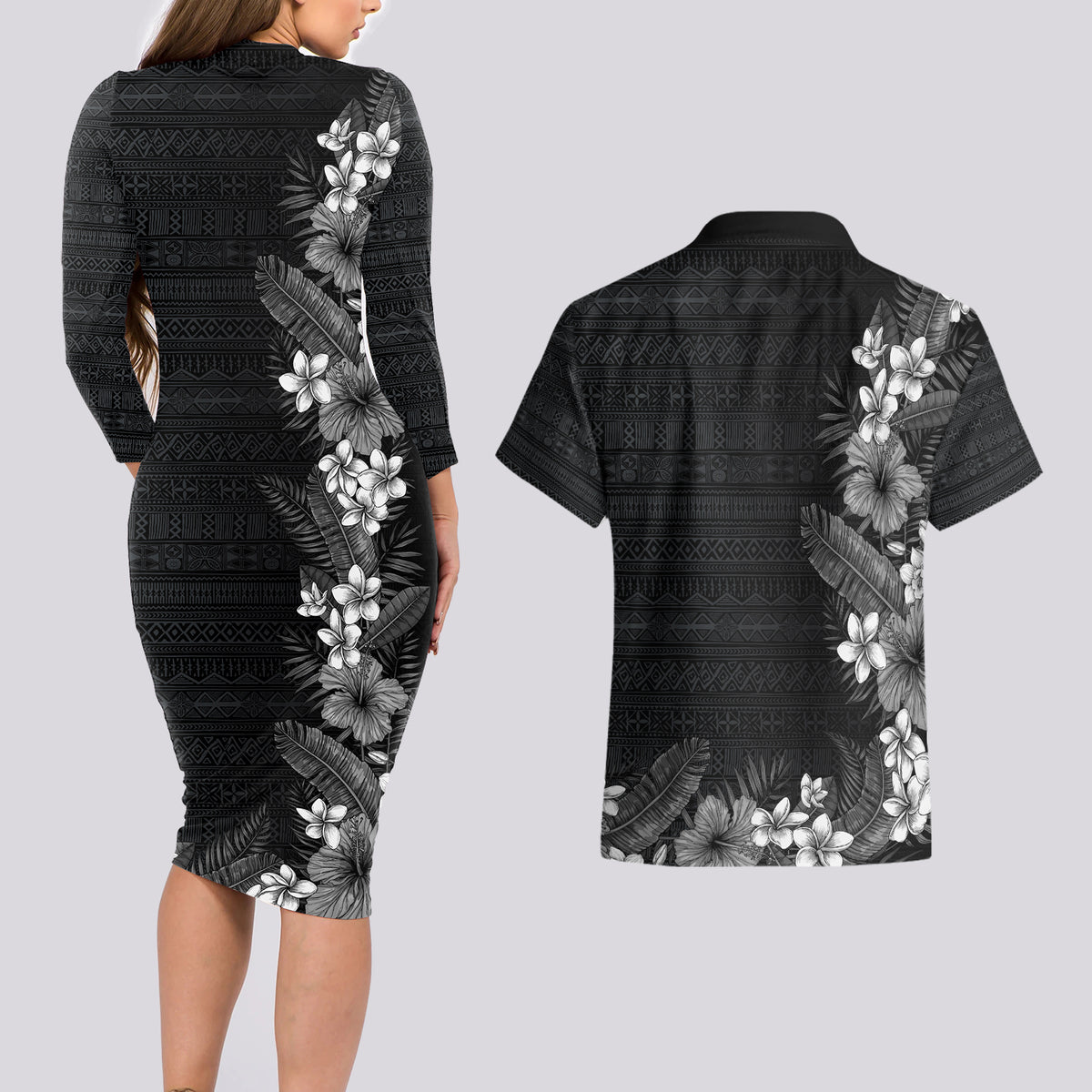 Hawaii Tropical Flowers and Leaves Couples Matching Long Sleeve Bodycon Dress and Hawaiian Shirt Tapa Pattern Grayscale Mode LT03 - Polynesian Pride