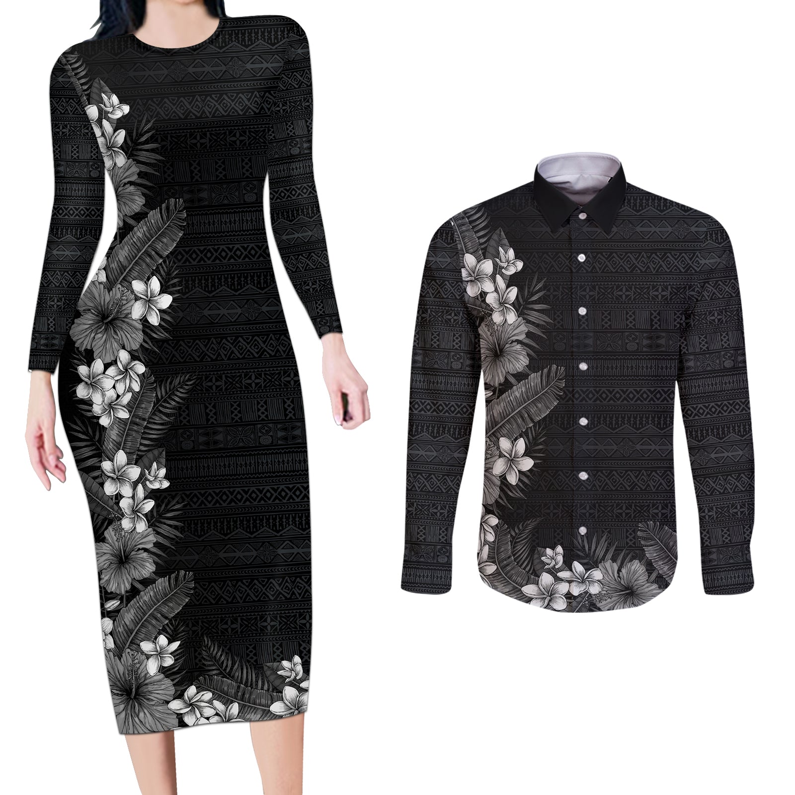 Hawaii Tropical Flowers and Leaves Couples Matching Long Sleeve Bodycon Dress and Long Sleeve Button Shirt Tapa Pattern Grayscale Mode LT03 Grayscale - Polynesian Pride