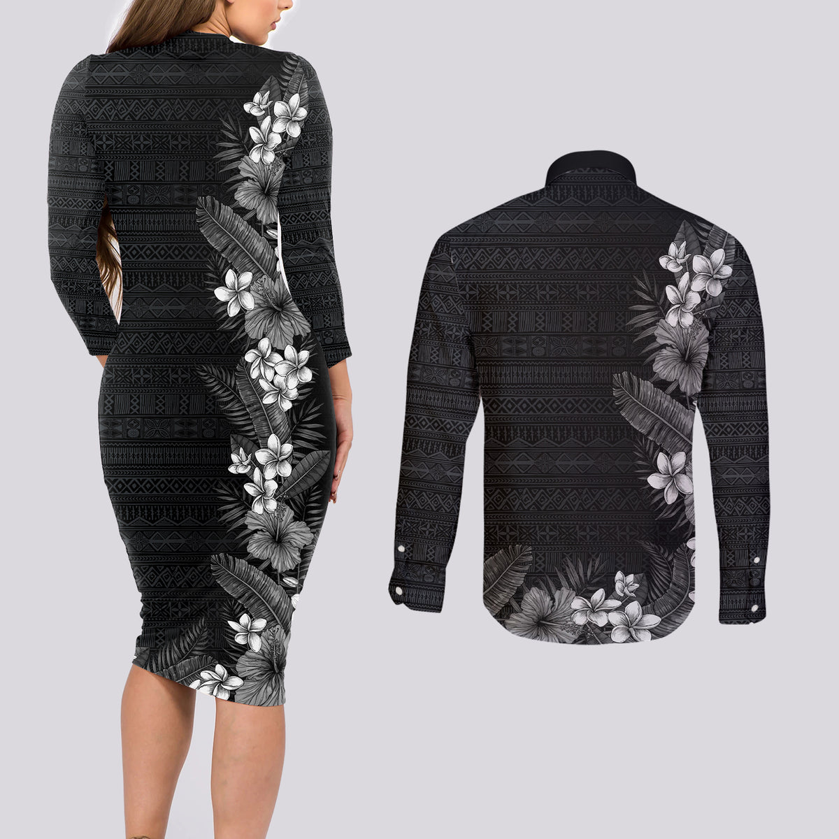 Hawaii Tropical Flowers and Leaves Couples Matching Long Sleeve Bodycon Dress and Long Sleeve Button Shirt Tapa Pattern Grayscale Mode LT03 - Polynesian Pride