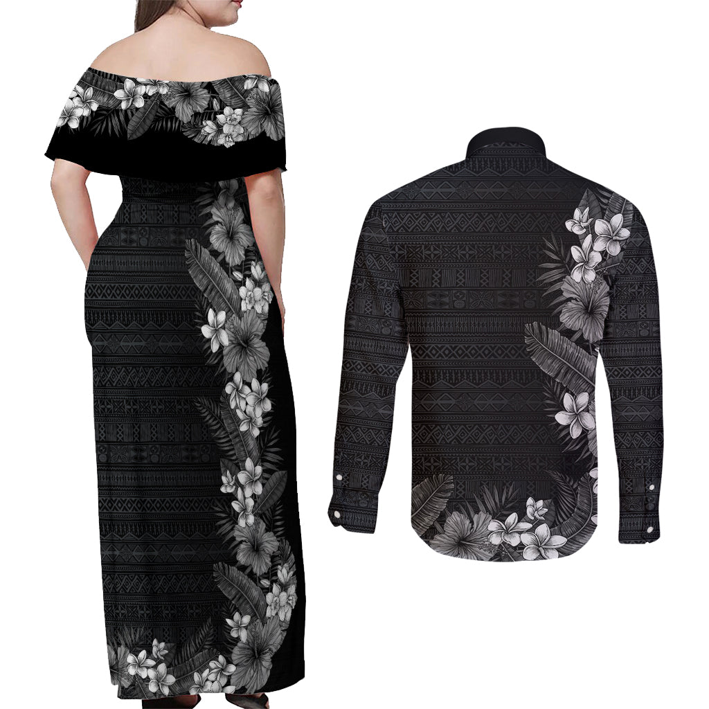Hawaii Tropical Flowers and Leaves Couples Matching Off Shoulder Maxi Dress and Long Sleeve Button Shirt Tapa Pattern Grayscale Mode LT03 - Polynesian Pride