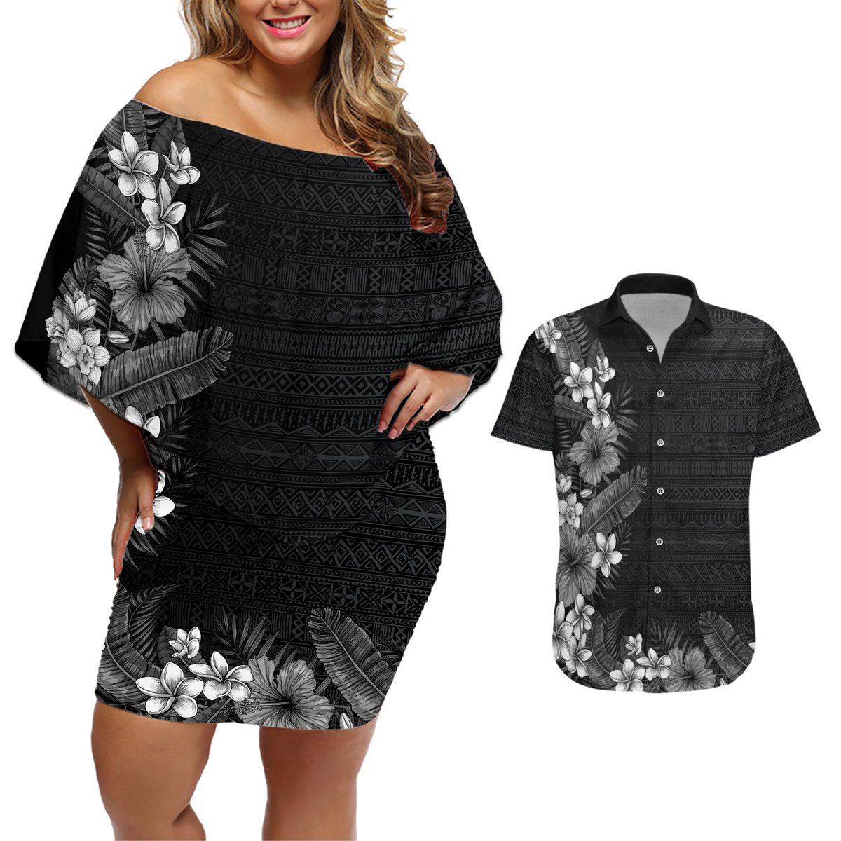 Hawaii Tropical Flowers and Leaves Couples Matching Off Shoulder Short Dress and Hawaiian Shirt Tapa Pattern Grayscale Mode LT03 Grayscale - Polynesian Pride