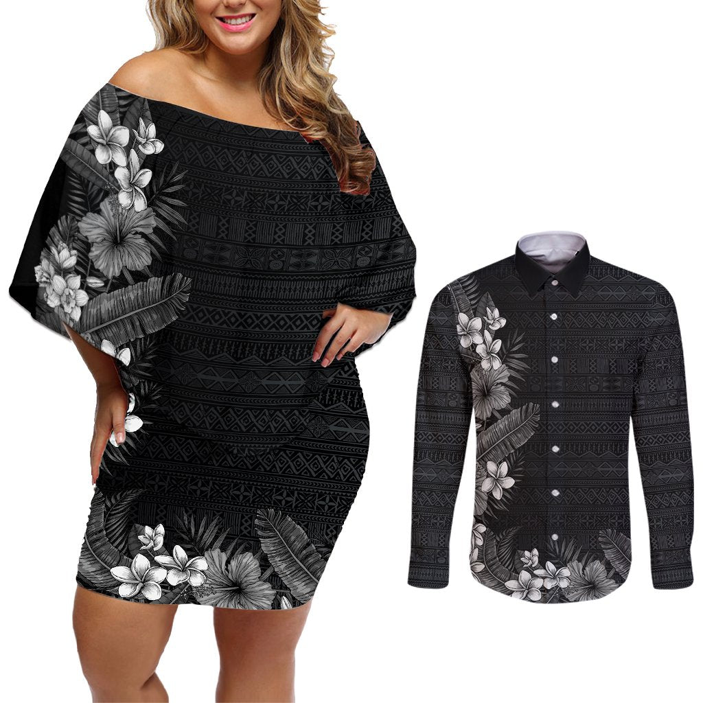 Hawaii Tropical Flowers and Leaves Couples Matching Off Shoulder Short Dress and Long Sleeve Button Shirt Tapa Pattern Grayscale Mode LT03 Grayscale - Polynesian Pride