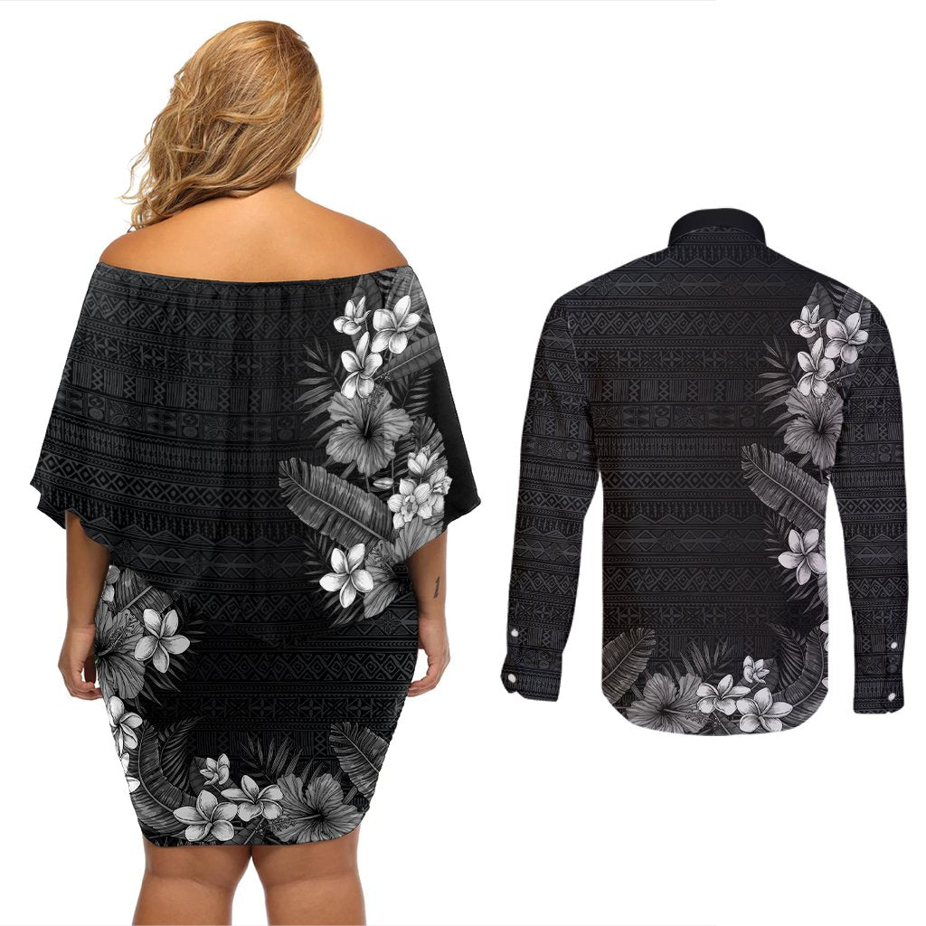 Hawaii Tropical Flowers and Leaves Couples Matching Off Shoulder Short Dress and Long Sleeve Button Shirt Tapa Pattern Grayscale Mode LT03 - Polynesian Pride