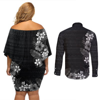 Hawaii Tropical Flowers and Leaves Couples Matching Off Shoulder Short Dress and Long Sleeve Button Shirt Tapa Pattern Grayscale Mode LT03 - Polynesian Pride
