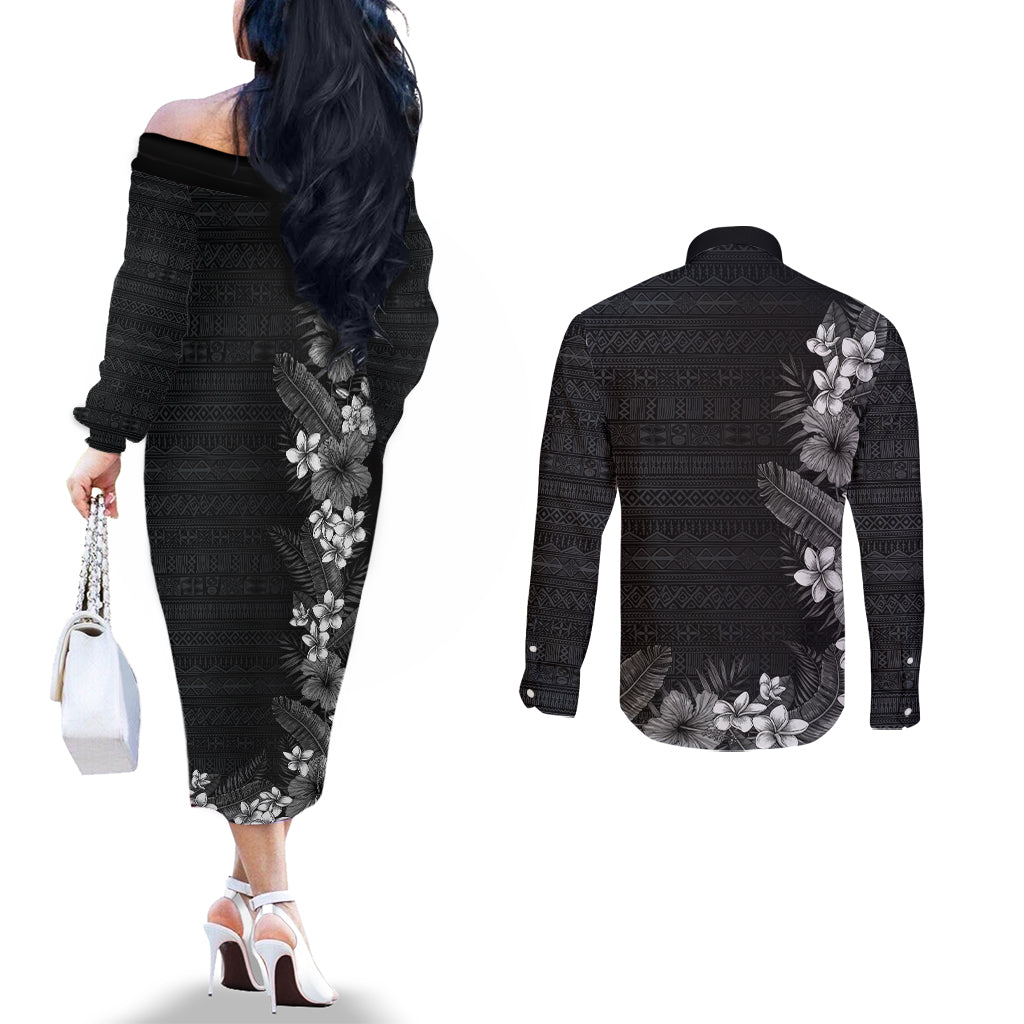 Hawaii Tropical Flowers and Leaves Couples Matching Off The Shoulder Long Sleeve Dress and Long Sleeve Button Shirt Tapa Pattern Grayscale Mode LT03 - Polynesian Pride