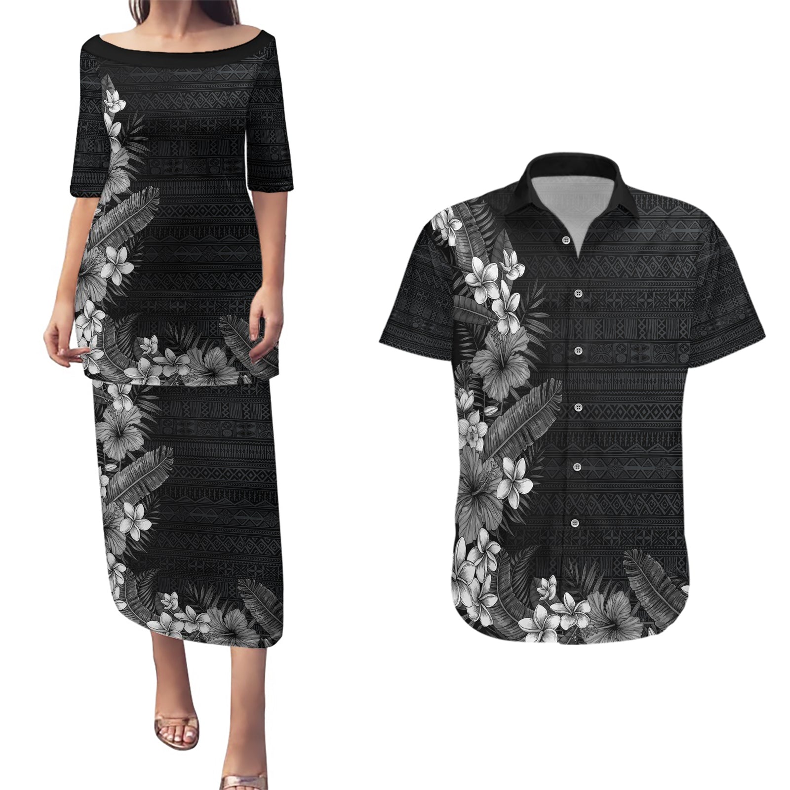 Hawaii Tropical Flowers and Leaves Couples Matching Puletasi and Hawaiian Shirt Tapa Pattern Grayscale Mode LT03 Grayscale - Polynesian Pride