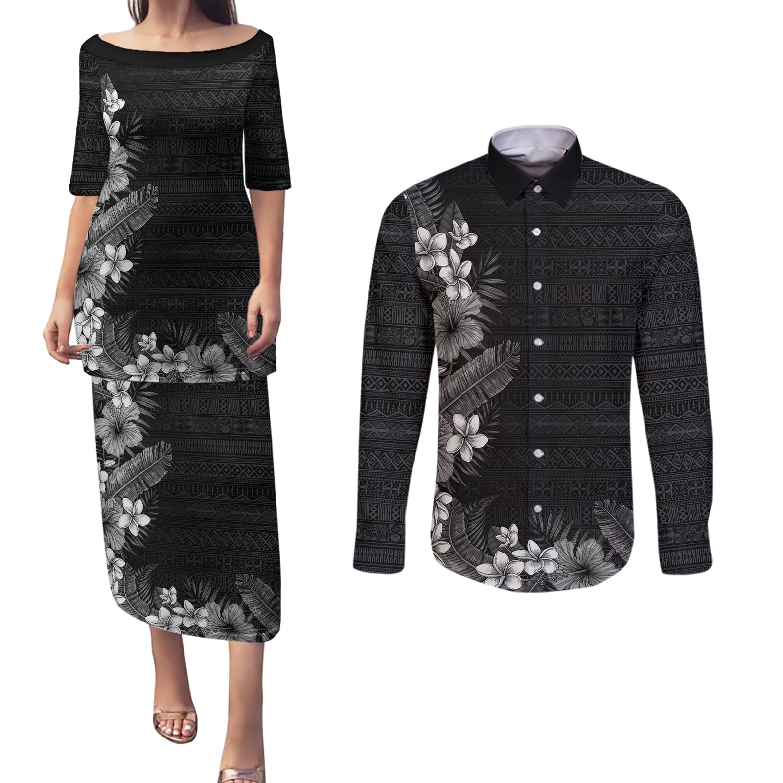 Hawaii Tropical Flowers and Leaves Couples Matching Puletasi and Long Sleeve Button Shirt Tapa Pattern Grayscale Mode LT03 Grayscale - Polynesian Pride