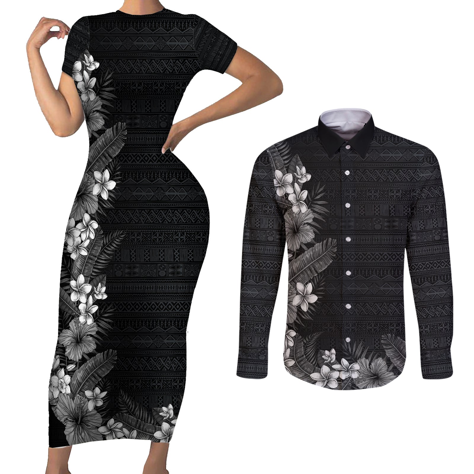 Hawaii Tropical Flowers and Leaves Couples Matching Short Sleeve Bodycon Dress and Long Sleeve Button Shirt Tapa Pattern Grayscale Mode LT03 Grayscale - Polynesian Pride