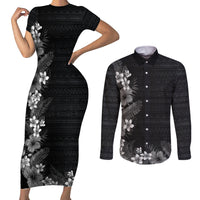 Hawaii Tropical Flowers and Leaves Couples Matching Short Sleeve Bodycon Dress and Long Sleeve Button Shirt Tapa Pattern Grayscale Mode LT03 Grayscale - Polynesian Pride