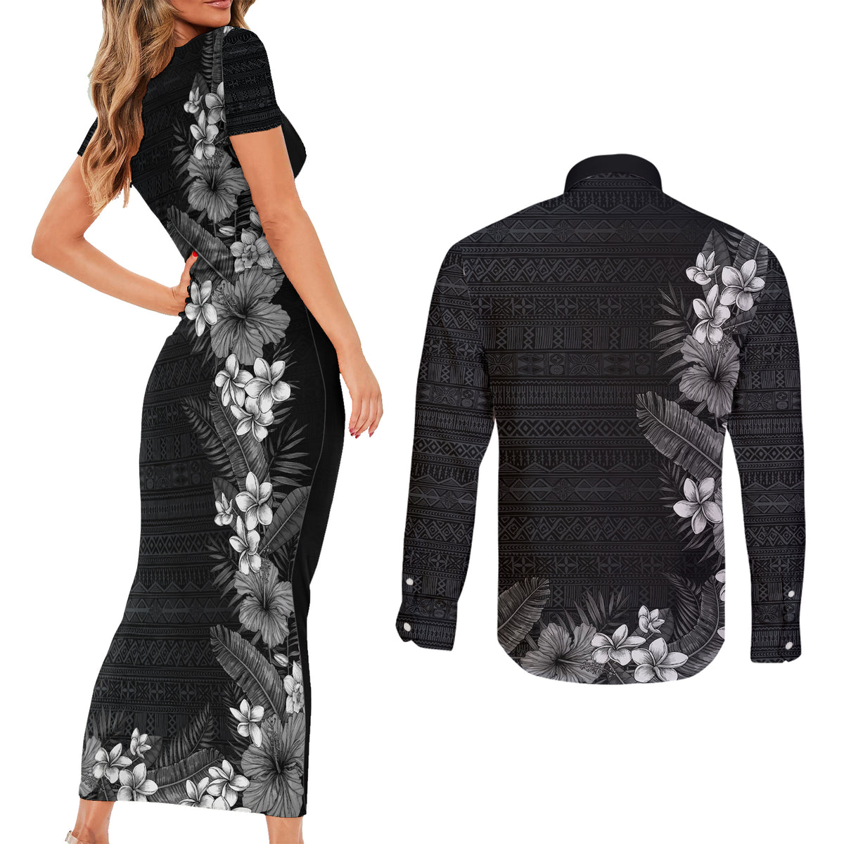Hawaii Tropical Flowers and Leaves Couples Matching Short Sleeve Bodycon Dress and Long Sleeve Button Shirt Tapa Pattern Grayscale Mode LT03 - Polynesian Pride
